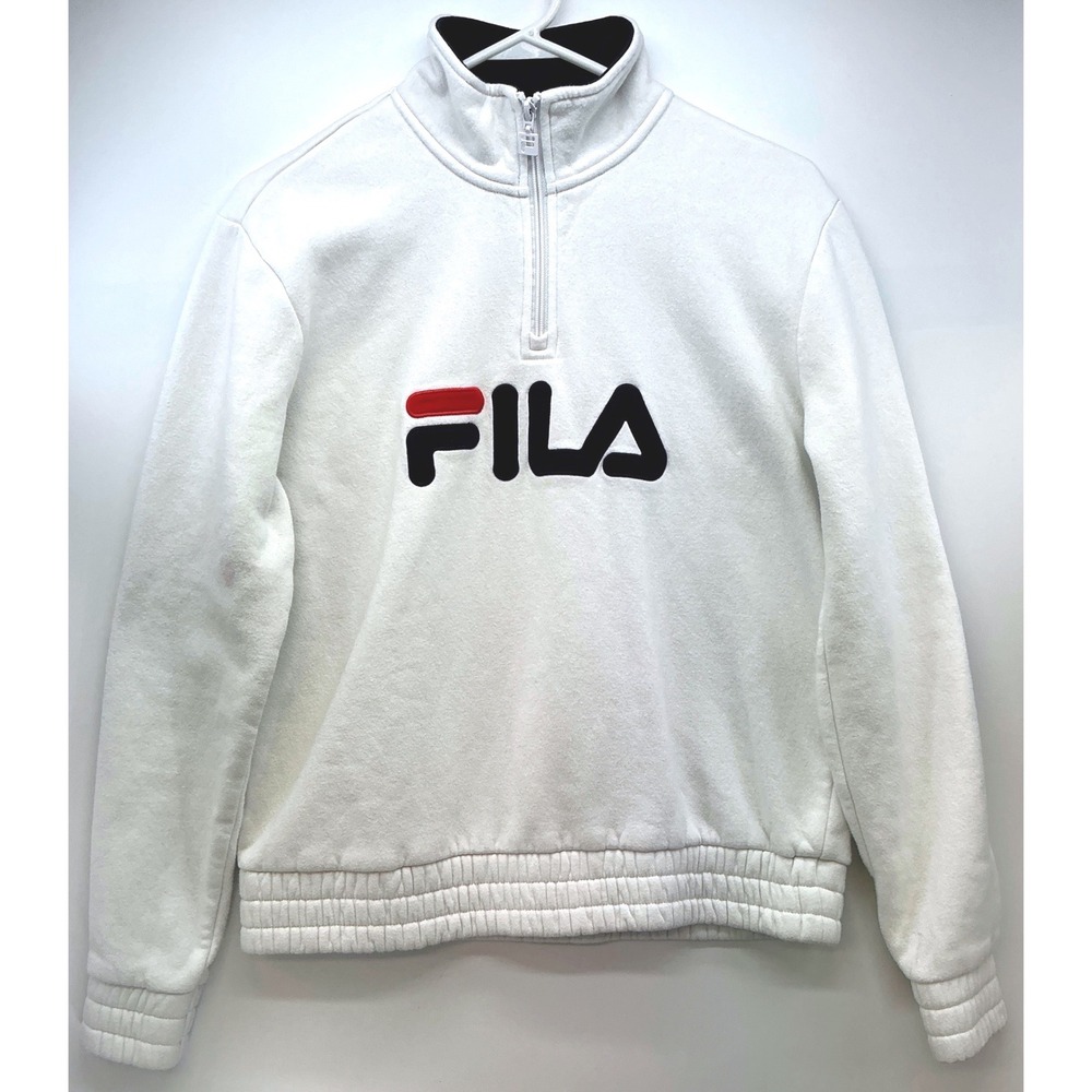 Fila White‎ Quarter Zip Fleece Pullover Sweatshirt Sz S Athleisure Preppy